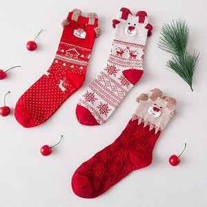 Christmas Cartoon Jacquard Cotton Women's Socks, 3 Sets