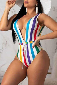 New Striped Open Back Strappy Swimsuit.AQ