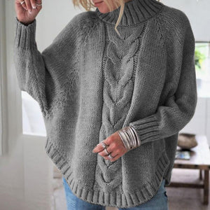 High Neck Cable Knit Rounded Hem Sweater